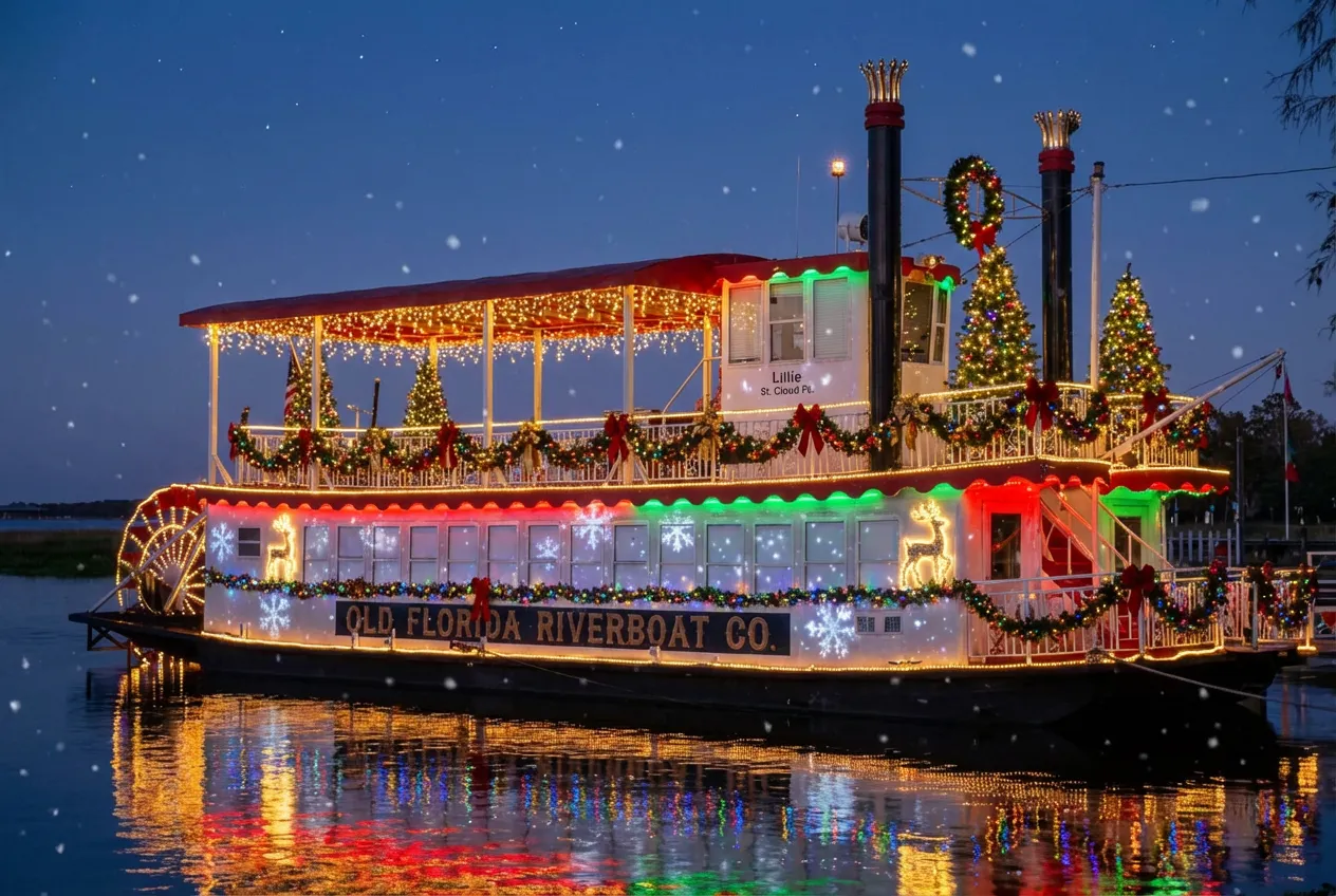 Festively decorated riverboat with lights and wreaths glides on water. Snowflakes fall, reflecting colorful lights. Text: OLD FLORIDA RIVERBOAT CO.