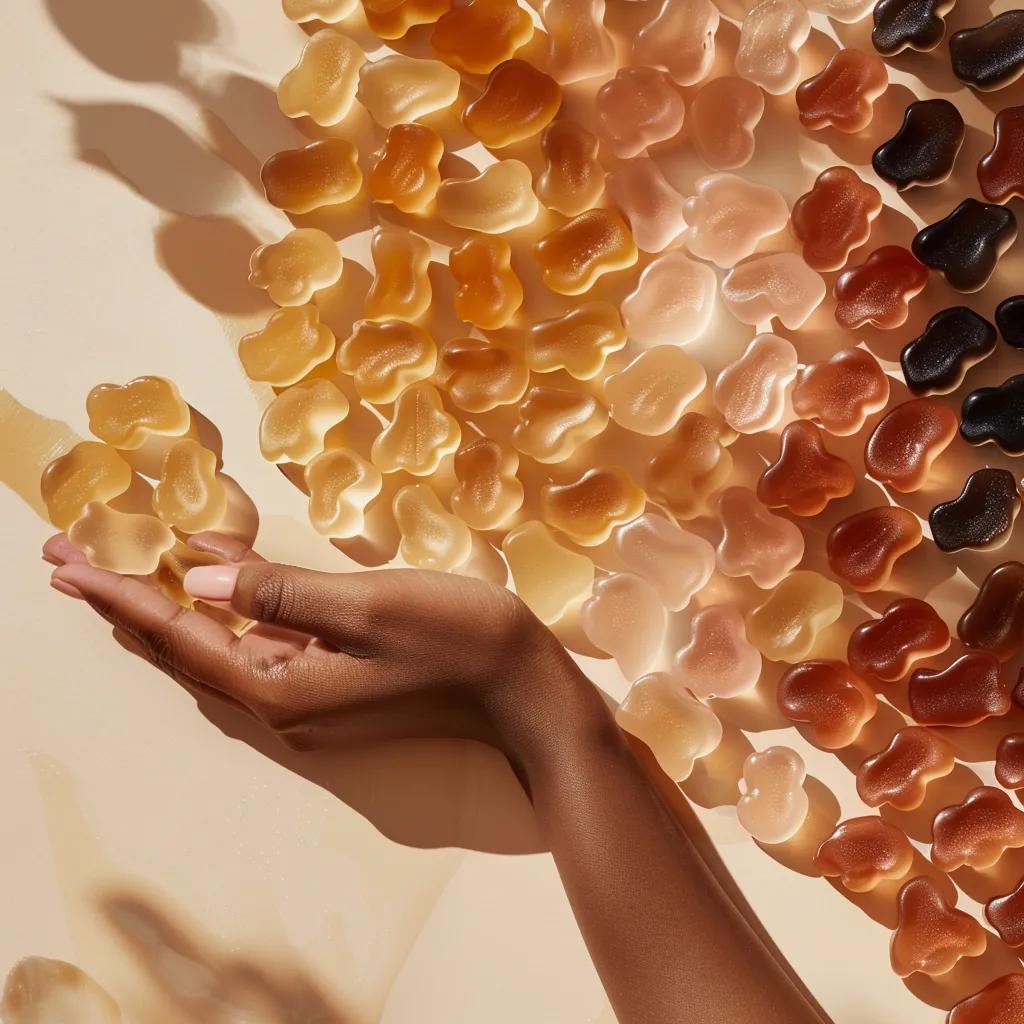 Hand holding tanning gummies next to swatches of diverse skin tones