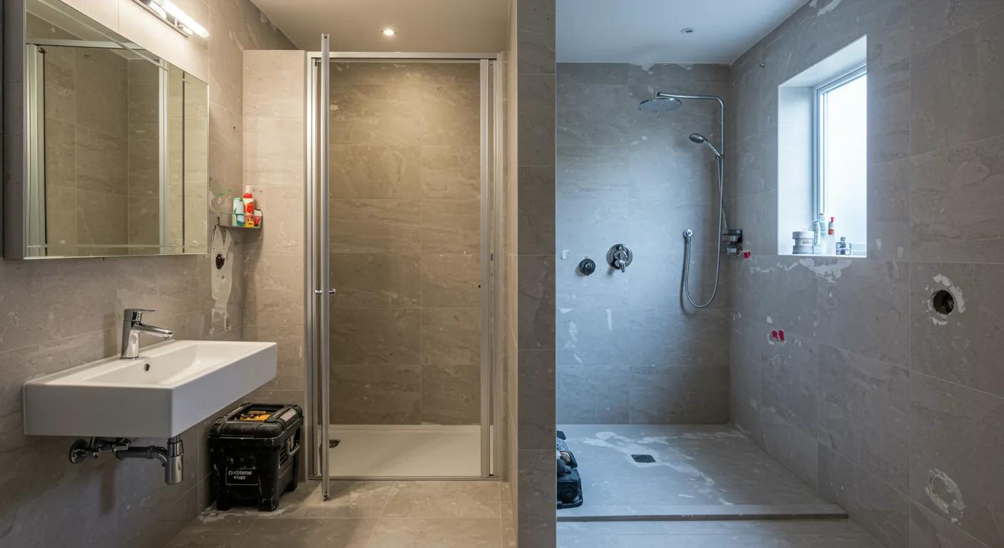 a meticulously organized bathroom undergoing a shower replacement, showcasing protective coverings on surfaces, dust barriers, and tools neatly arranged, illuminating the importance of preparation before renovation work begins. a meticulously organized bathroom undergoing a shower replacement, showcasing protective coverings on surfaces, dust barriers, and tools neatly arranged, illuminating the importance of preparation before renovation work begins.