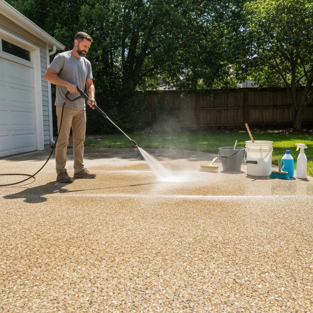 Homeowner cleaning concrete driveway with pressure washer for maintenance