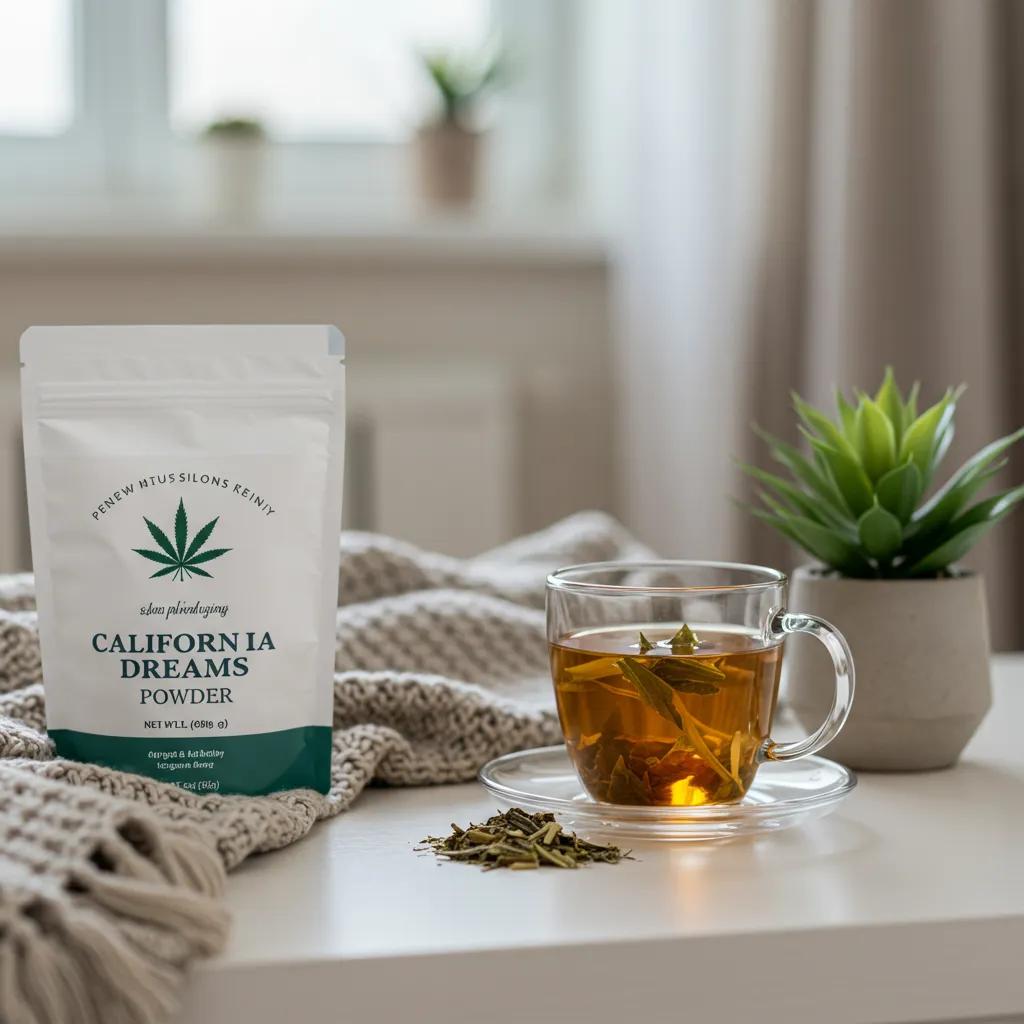A serene indoor setting with herbal tea and lush plants, evoking the stress-relief and tranquility offered by California Dreams Powder