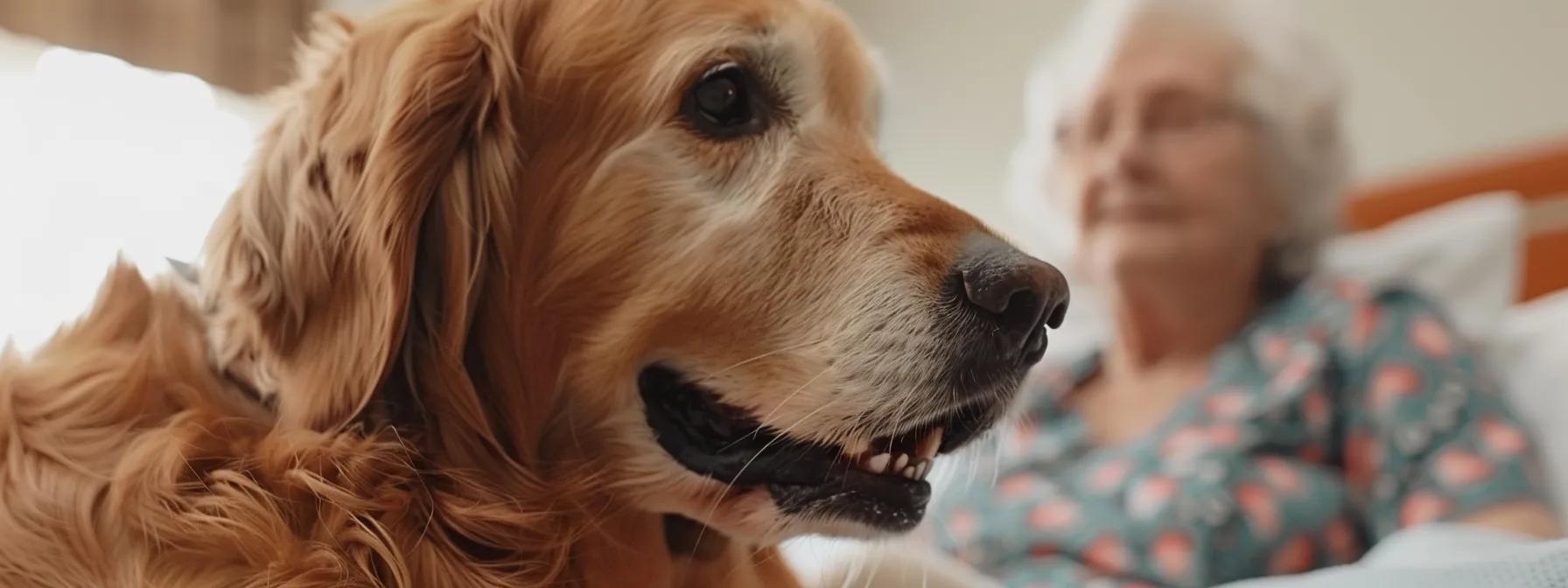 A therapy dog calmly interacting with a patient in a serene environment, showcasing its gentle demeanor and attentiveness.