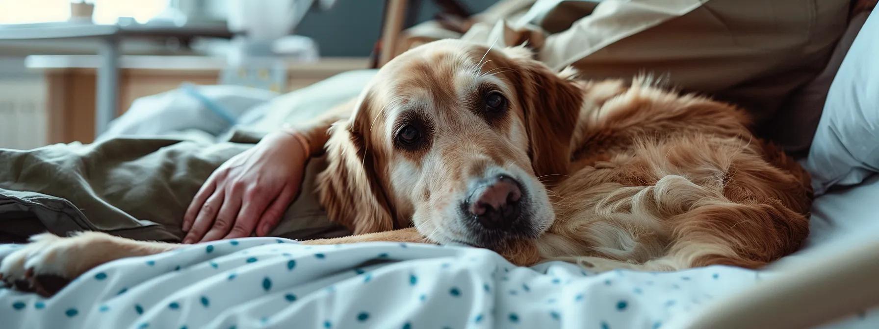 A therapy dog calmly interacting with a patient in a serene environment, showcasing its gentle demeanor and attentiveness.