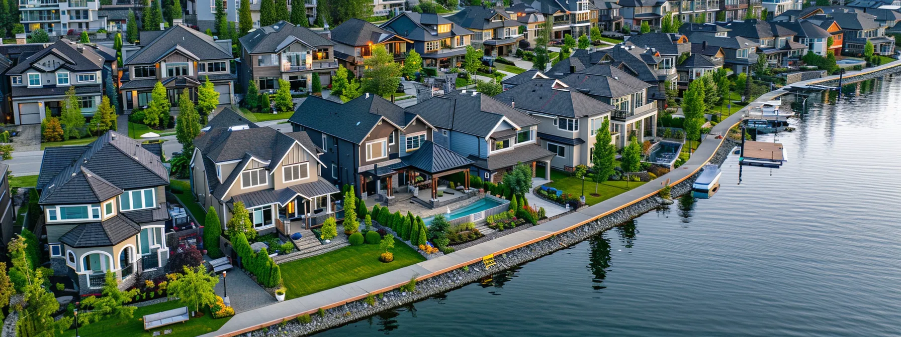 capture a panoramic view of a picturesque waterfront neighborhood in lake country, showcasing potential for growth and investment with vibrant homes and lush greenery. capture a panoramic view of a picturesque waterfront neighborhood in lake country, showcasing potential for growth and investment with vibrant homes and lush greenery.