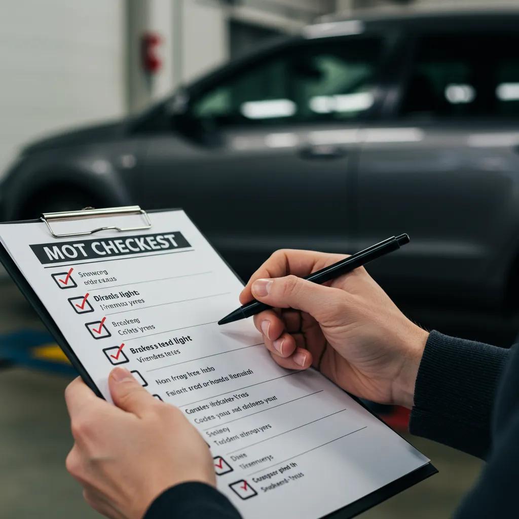 A car owner diligently using a checklist to ensure their vehicle is ready for its MOT inspection