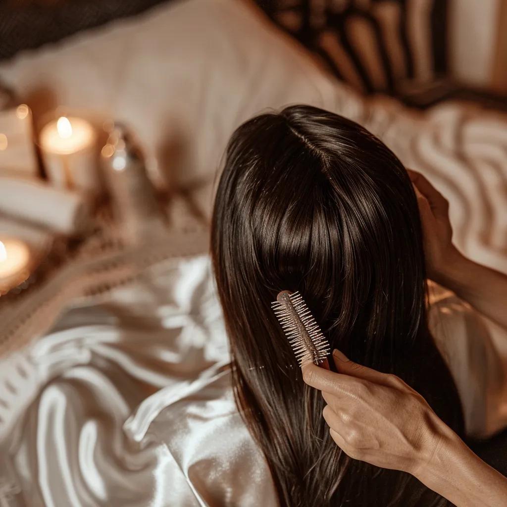 Person brushing hand-sewn weft extensions in a cozy setting, highlighting daily care practices