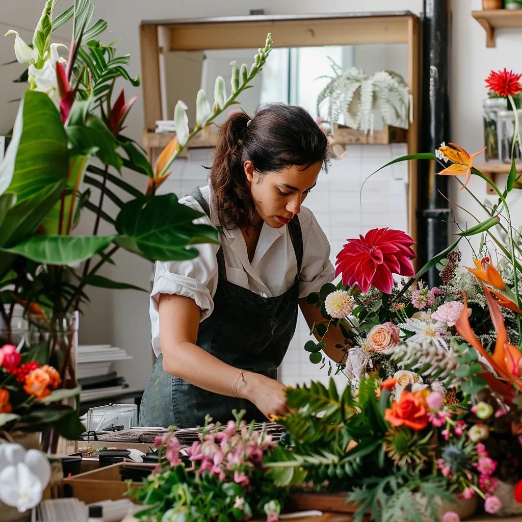 Florist creating a bespoke floral arrangement with exotic blooms in a stylish studio