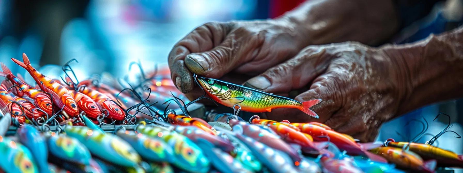 a fisherman carefully choosing between colorful fishing lures based on weather patterns and water temperature. a fisherman carefully choosing between colorful fishing lures based on weather patterns and water temperature.