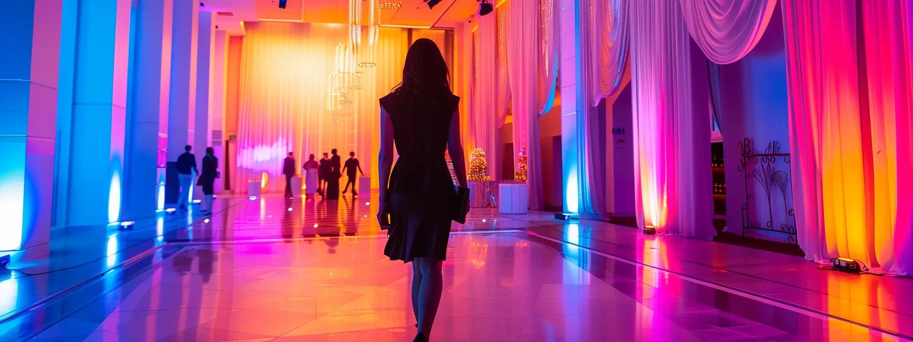 un organisateur d'événements examine attentivement une salle des fêtes élégamment décorée, équipée de matériel audiovisuel moderne, pendant une visite préalable, avec un éclairage artificiel créant une ambiance accueillante et professionnelle.
