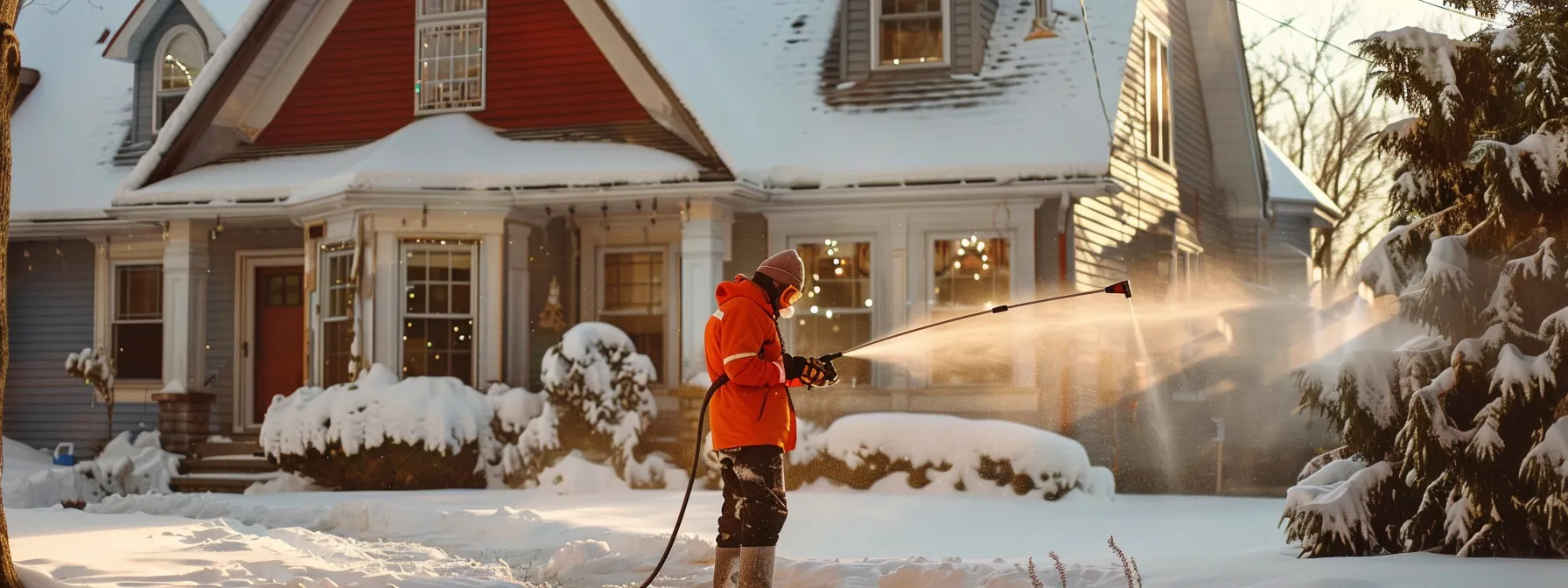 a skilled cleaning professional carefully power washing a snowy cleveland home, ensuring safe and effective results for winter house washing. a skilled cleaning professional carefully power washing a snowy cleveland home, ensuring safe and effective results for winter house washing.