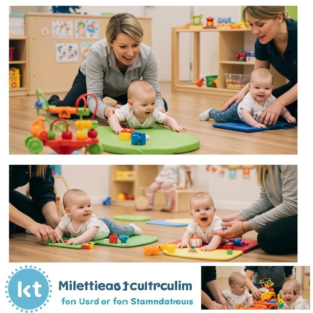 Caregivers engaging infants in milestone-based activities, showcasing developmental progress