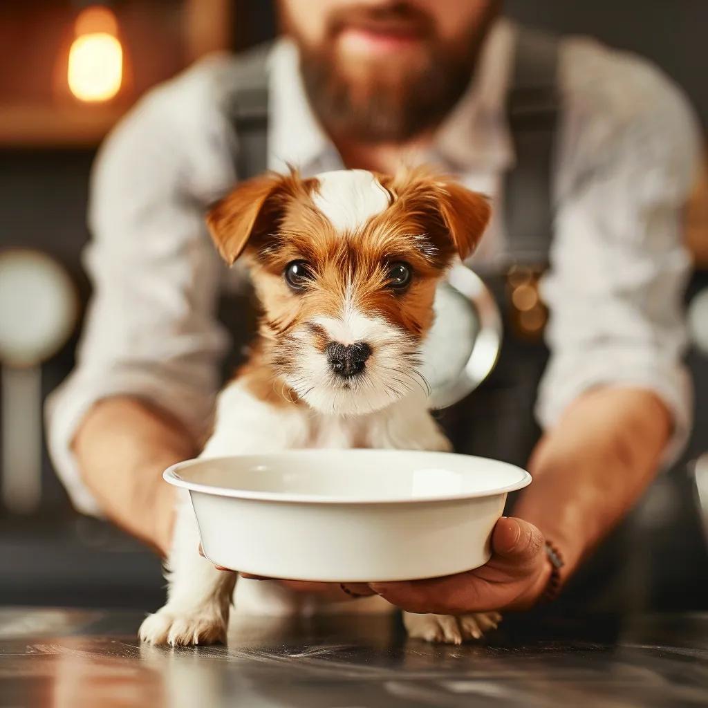 Owner feeding a puppy, highlighting the importance of a structured feeding schedule