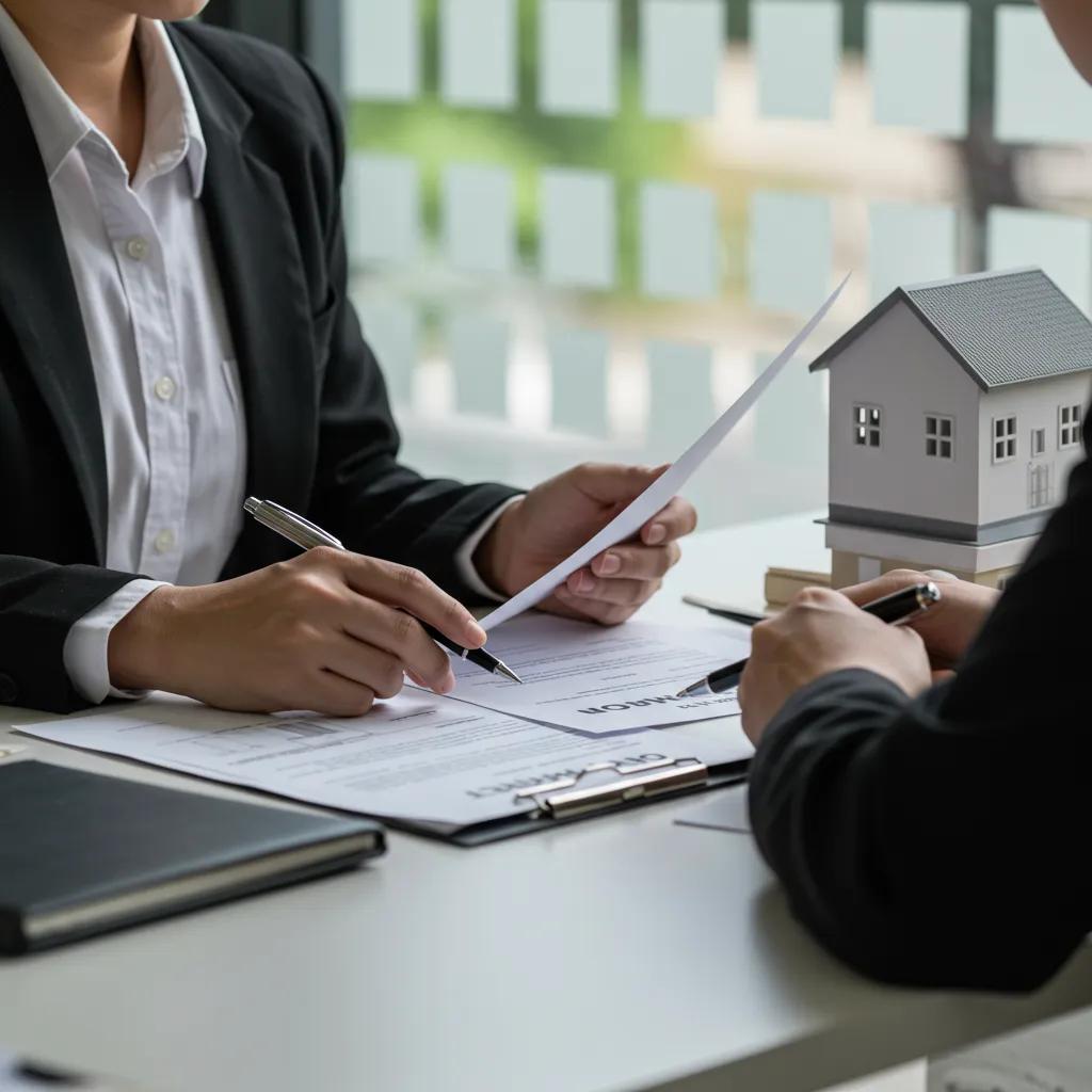 Real estate agent and cash home buyer reviewing property documents Real estate agent and cash home buyer reviewing property documents