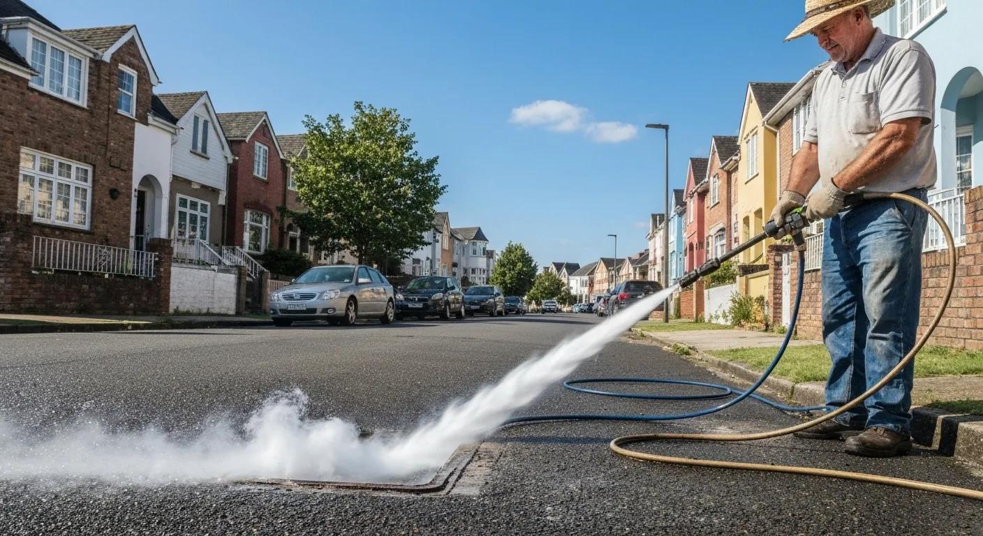 Plumber using a high-pressure water jetter to clear a blocked drain in a residential street
