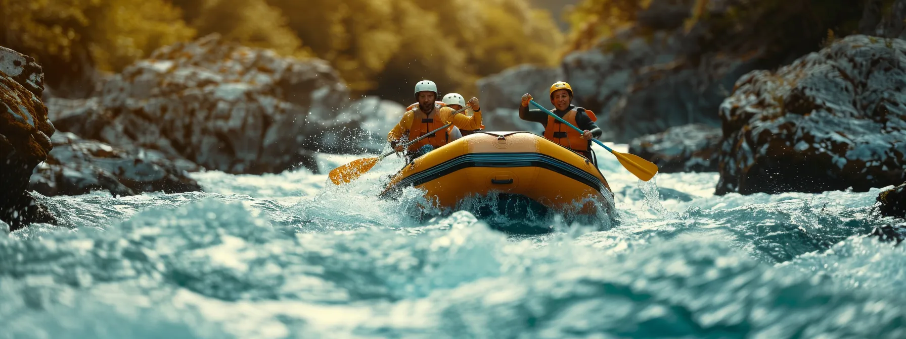 a family in a white water raft navigating through rough rapids.