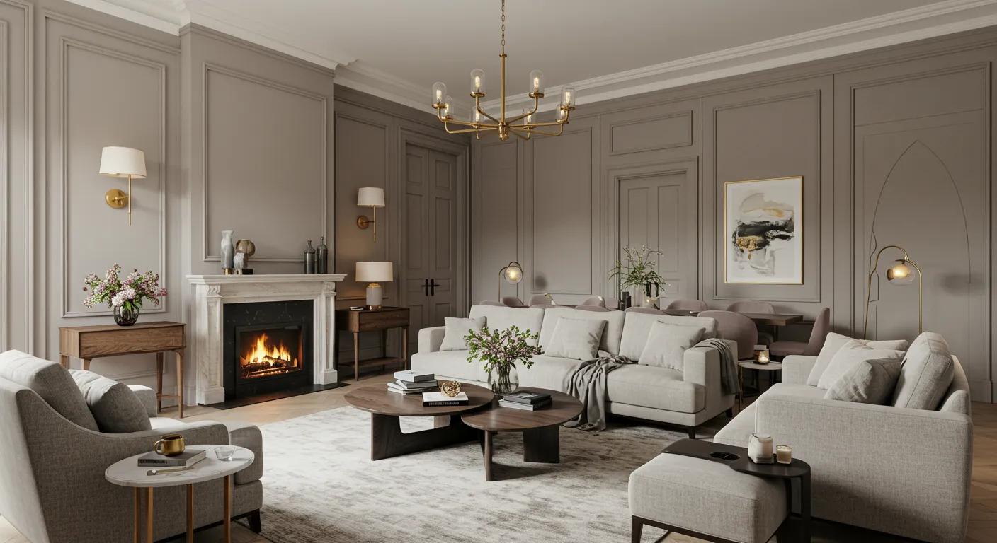a luxurious open-concept living area in a suwanee home showcases elegantly crafted bespoke furniture with a calming color palette, high ceilings, and a designer touch that embodies a cozy yet sophisticated atmosphere. a luxurious open-concept living area in a suwanee home showcases elegantly crafted bespoke furniture with a calming color palette, high ceilings, and a designer touch that embodies a cozy yet sophisticated atmosphere.