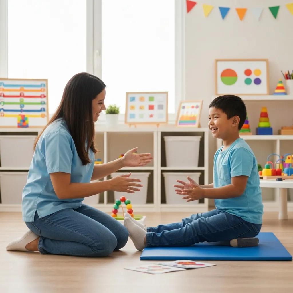 Child engaging in ABA therapy with a therapist in a bright room filled with educational toys