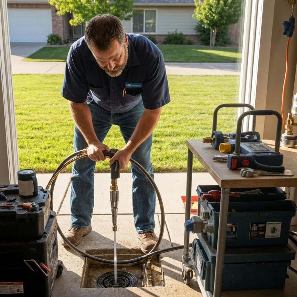 Professional plumber using hydro jetting equipment for drain cleaning in Westminster, CO