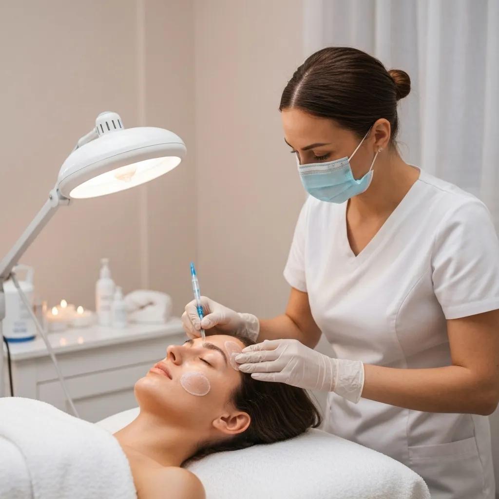 A professional aesthetician performing a chemical peel on a client's face in a tranquil clinic setting