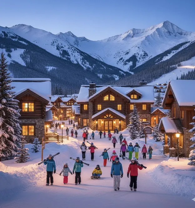 AI-generated image of a snowy mountain village with skiers walking through and ski trails visible on surrounding peaks AI-generated image of a snowy mountain village with skiers walking through and ski trails visible on surrounding peaks