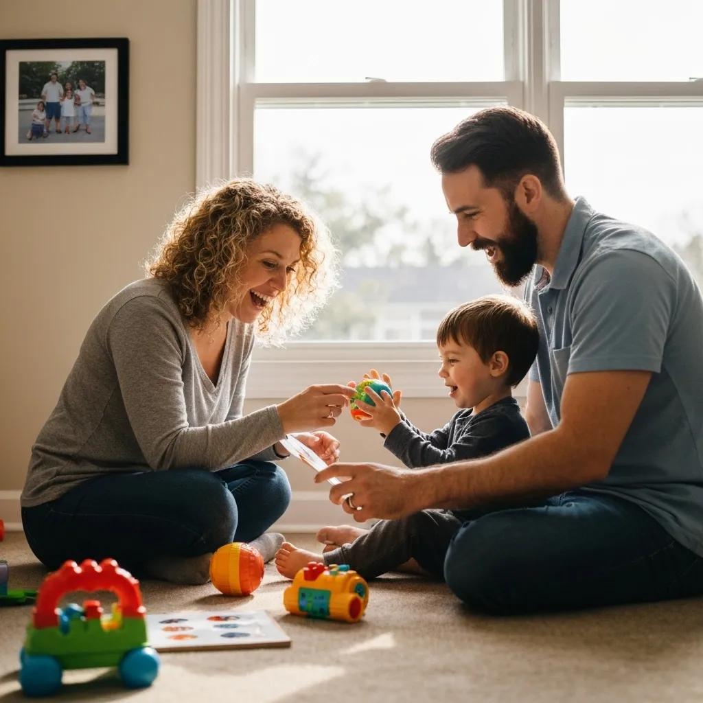 A family actively participating in ABA therapy within their home environment, highlighting the crucial role of parental involvement in autism intervention.