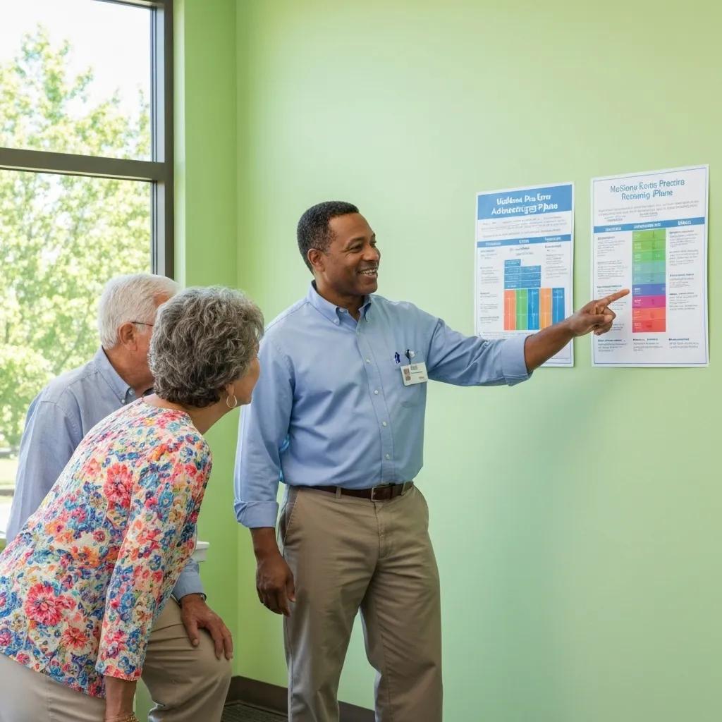 Healthcare professional explaining Medicare Advantage plans to an elderly couple, highlighting clarity and trust