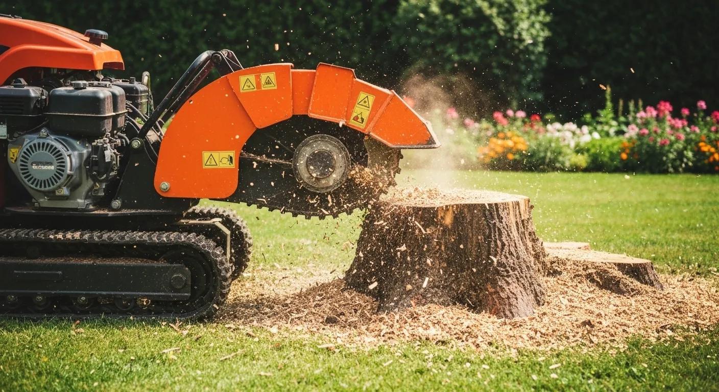 Stump grinding machine efficiently grinding a tree stump into wood chips in a residential yard