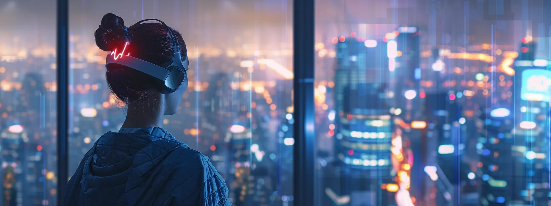 a person wearing a sleek, futuristic health tracker while looking out at a technologically advanced cityscape, reflecting on the potential of holistic wellness tech.