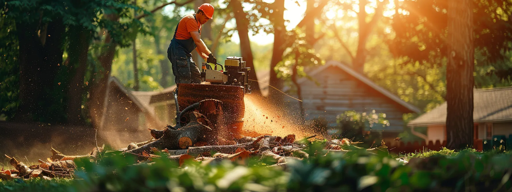 a professional tree stump grinding service operating a large grinder on a tree stump in a homeowner's yard.