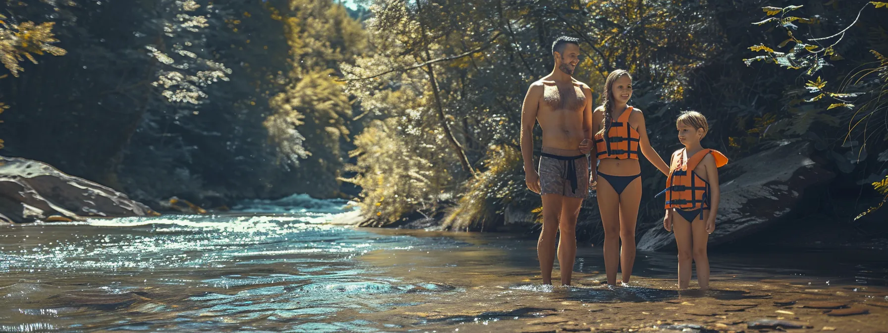 a family standing by a river, wearing swimsuits and gearing up for their first whitewater adventure.