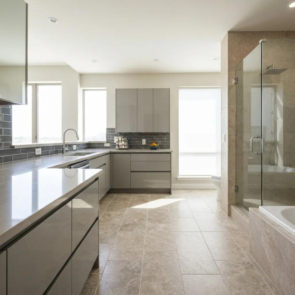 Modern kitchen and bathroom showcasing luxury vinyl tile flooring, highlighting its waterproof characteristics