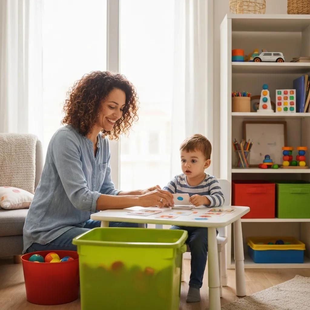 A parent actively supporting their child during an ABA therapy session at home, emphasizing the vital role of caregiver involvement in the process.