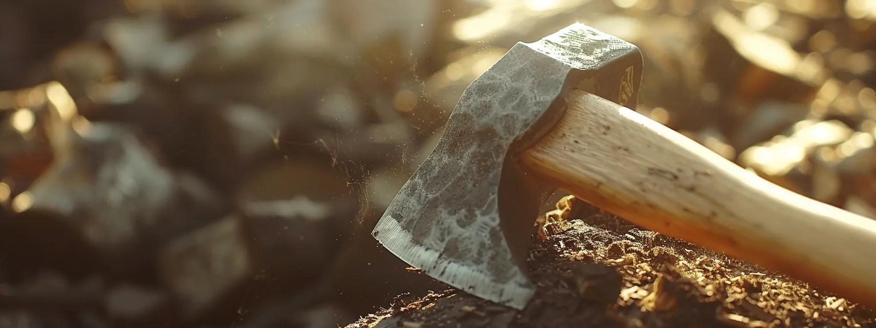 a rugged, carbon steel axe head gleaming in the sunlight, ready for optimal wood-splitting performance.