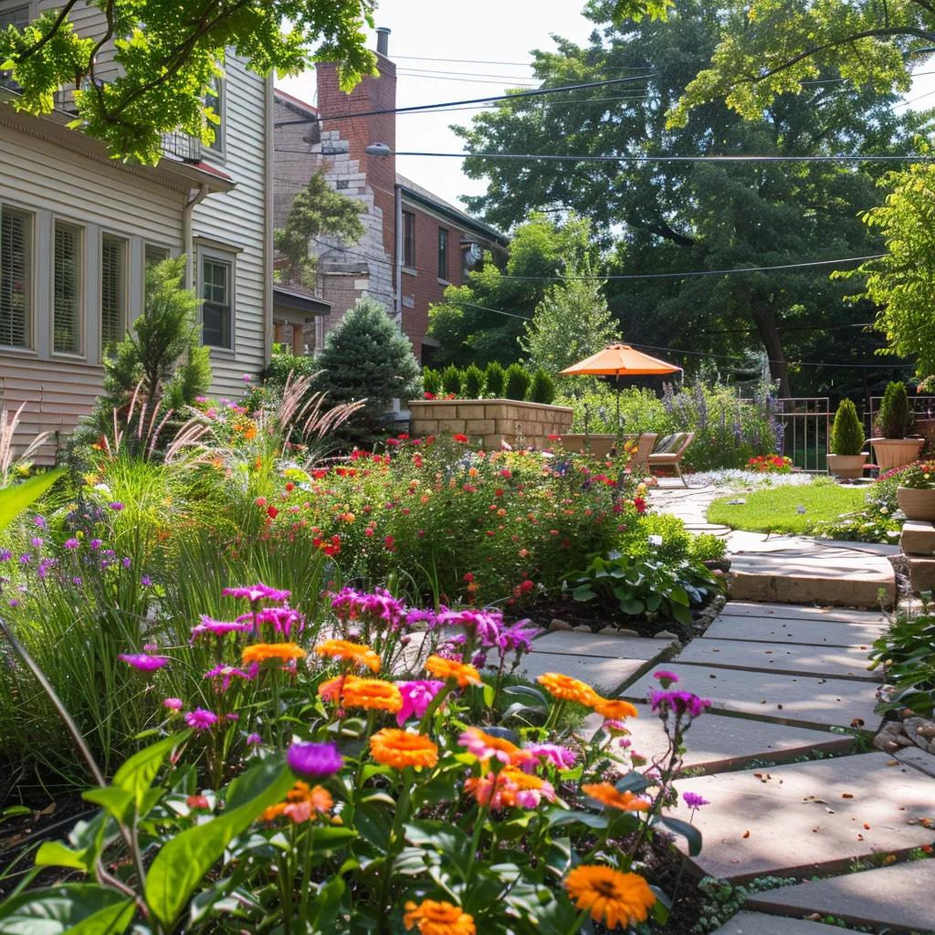 Beautifully landscaped Detroit yard with native plants and hardscaping elements