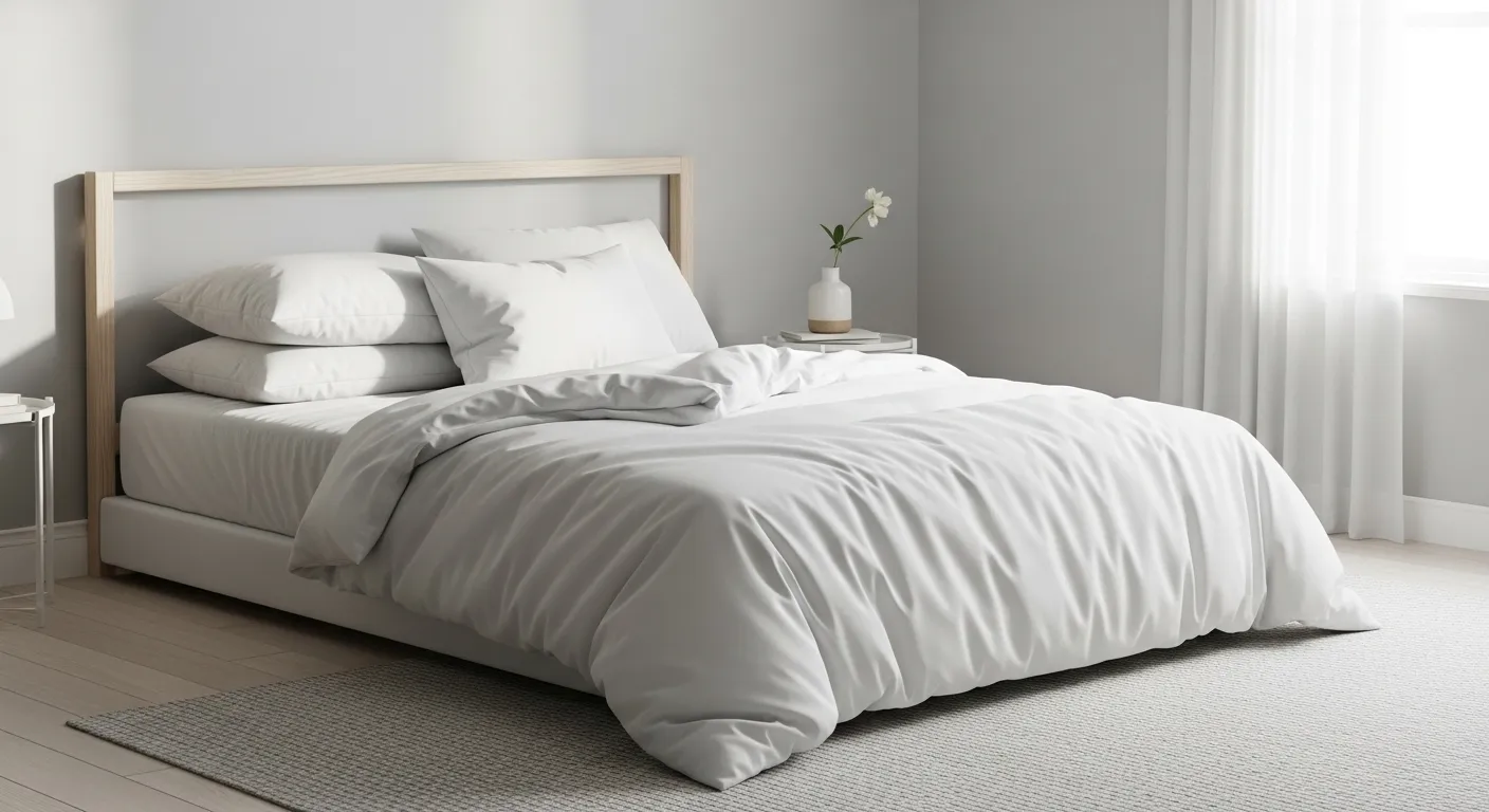 Why Buying a Mattress In-Store Beats Clicking ‘Add to Cart’ 3 Modern bedroom with a neatly made bed featuring white bedding, stacked pillows, a minimalist wooden headboard, and a small side table with a vase and plant, emphasizing comfort and support for better sleep.