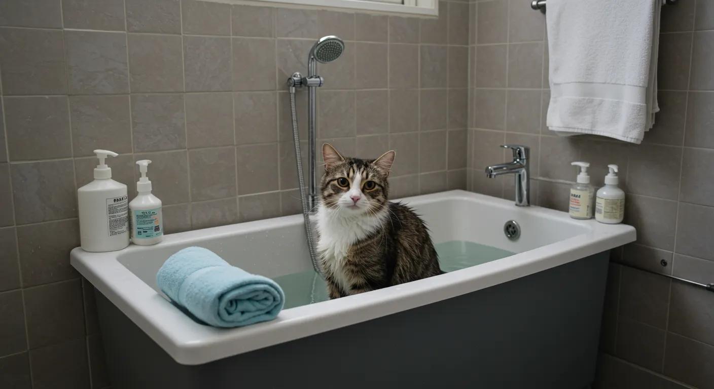 a calming indoor pet grooming station features a relaxed cat sitting in a warm bath filled with gently rippling water, surrounded by soft towels and soothing accessories, emphasizing a serene atmosphere that promotes stress relief during bath time.