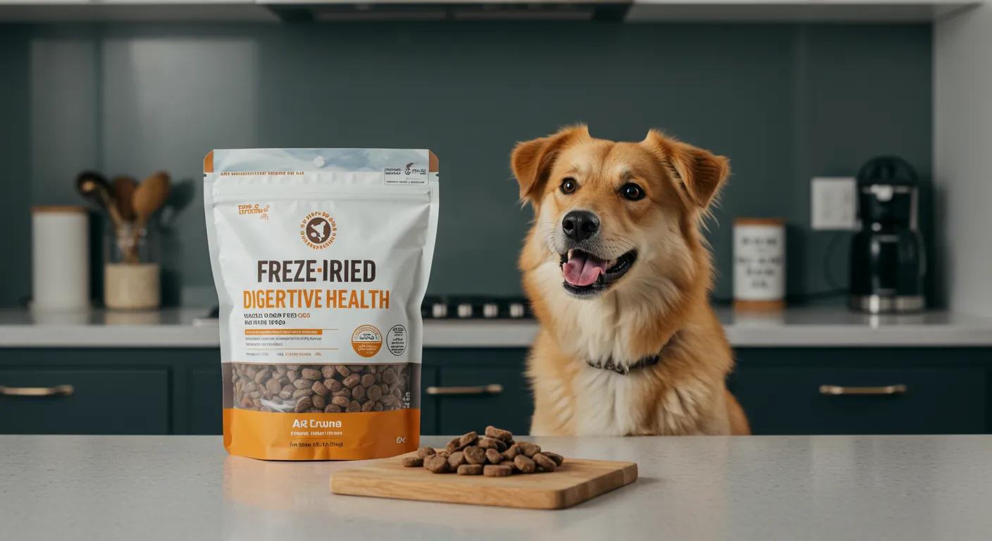 a vibrant, modern kitchen setting showcases an eager dog brightly gazing at a stylish, open bag of freeze-dried dog food on a sleek countertop, emphasizing the healthy and appealing nature of this nutritious option for canine digestive health.