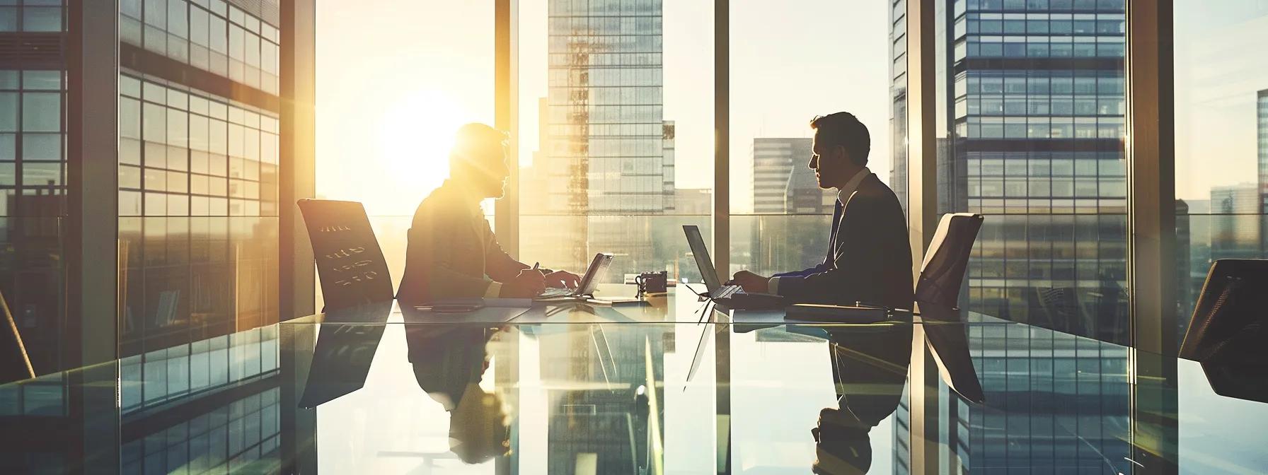 a modern office setting showcases a professional meeting between a business owner and a local bookkeeping consultant, with financial documents and a laptop open on the glass table, emphasizing clear communication and collaboration.