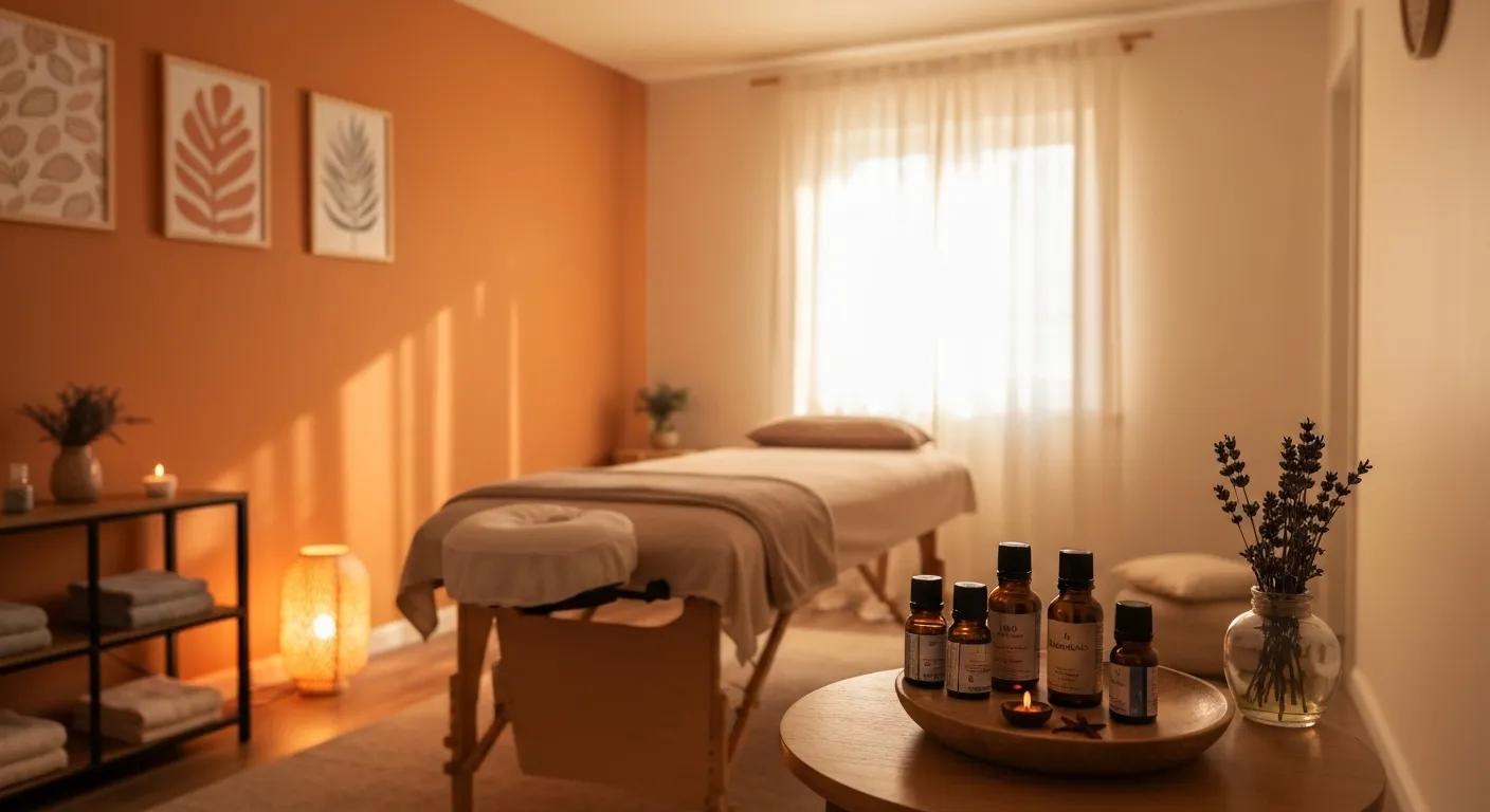 Tranquil massage room with calming decor and essential oils, representing the benefits of full body Swedish massage Tranquil massage room with calming decor and essential oils, representing the benefits of full body Swedish massage