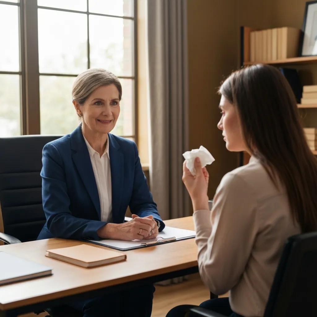 Domestic violence attorney consulting with a client in a supportive office environment