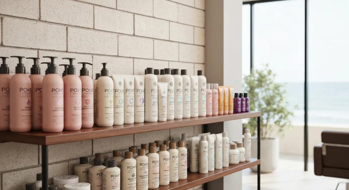 A curated selection of popular hair treatment products displayed in a Manly salon, showcasing professional haircare solutions