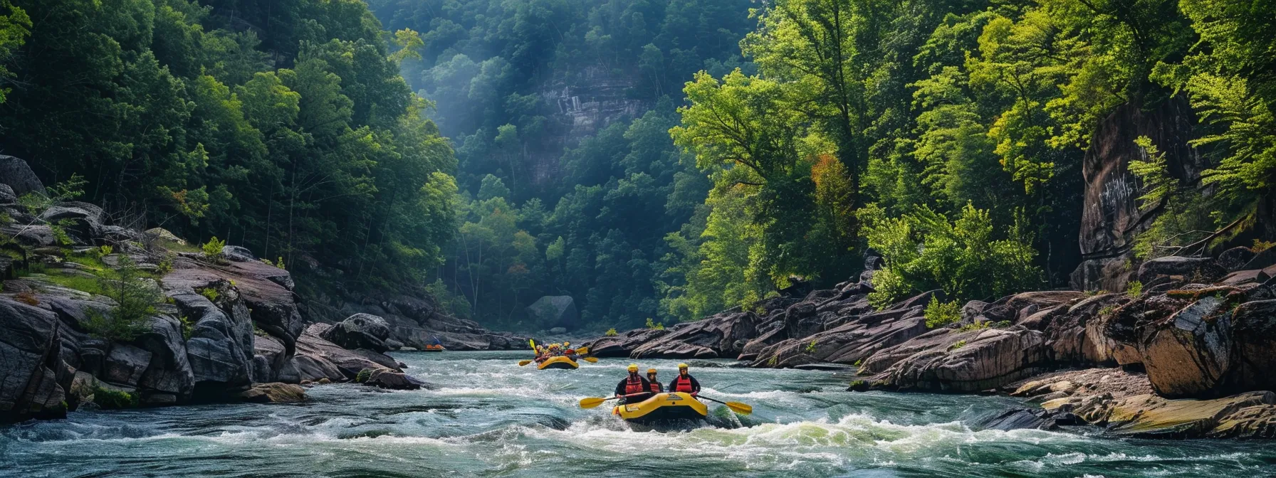 a group of adventurous rafters navigating through turbulent white water rapids in tennessee, with a stunning backdrop of lush green forests and rocky cliffs.