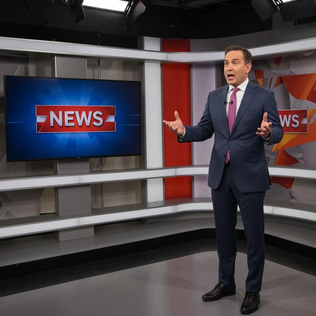 CEO presenting a TV pitch in a modern studio, showcasing confidence and professionalism