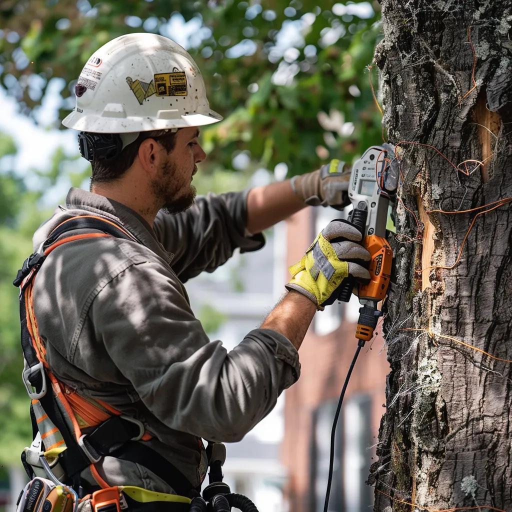 Certified arborist assessing storm damage on a commercial property tree Certified arborist assessing storm damage on a commercial property tree