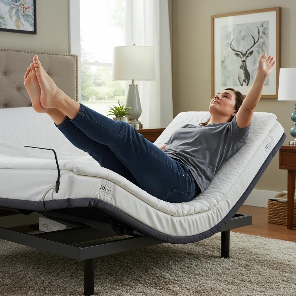 Person relaxing with elevated legs on an adjustable bed, highlighting circulation benefits