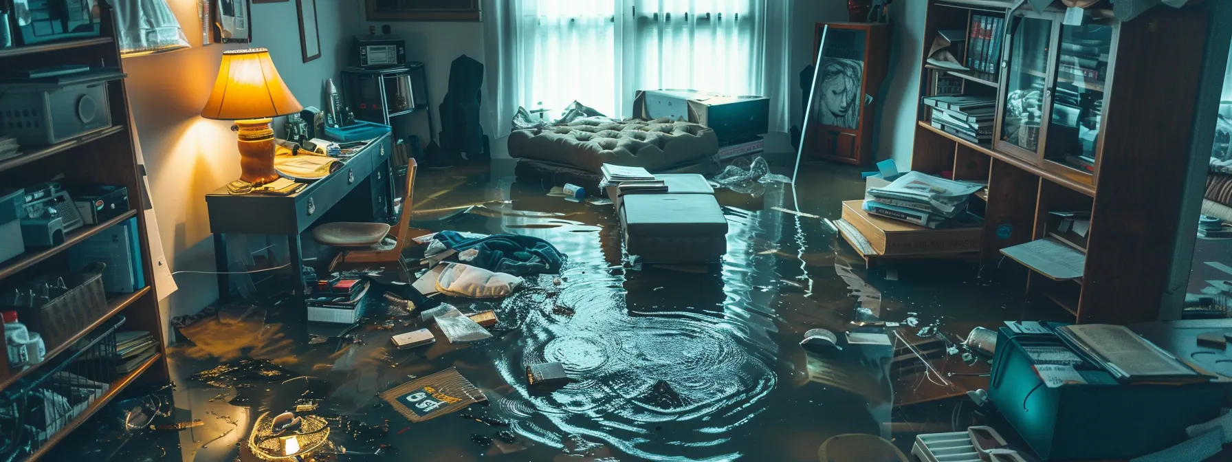 a flooded condo with water damage and personal belongings in disarray.