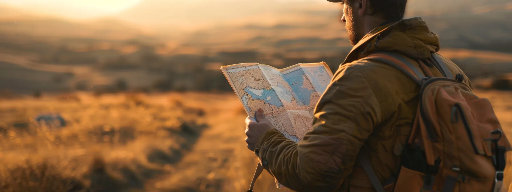 a traveler confidently studying a map with a peaceful landscape in the background.