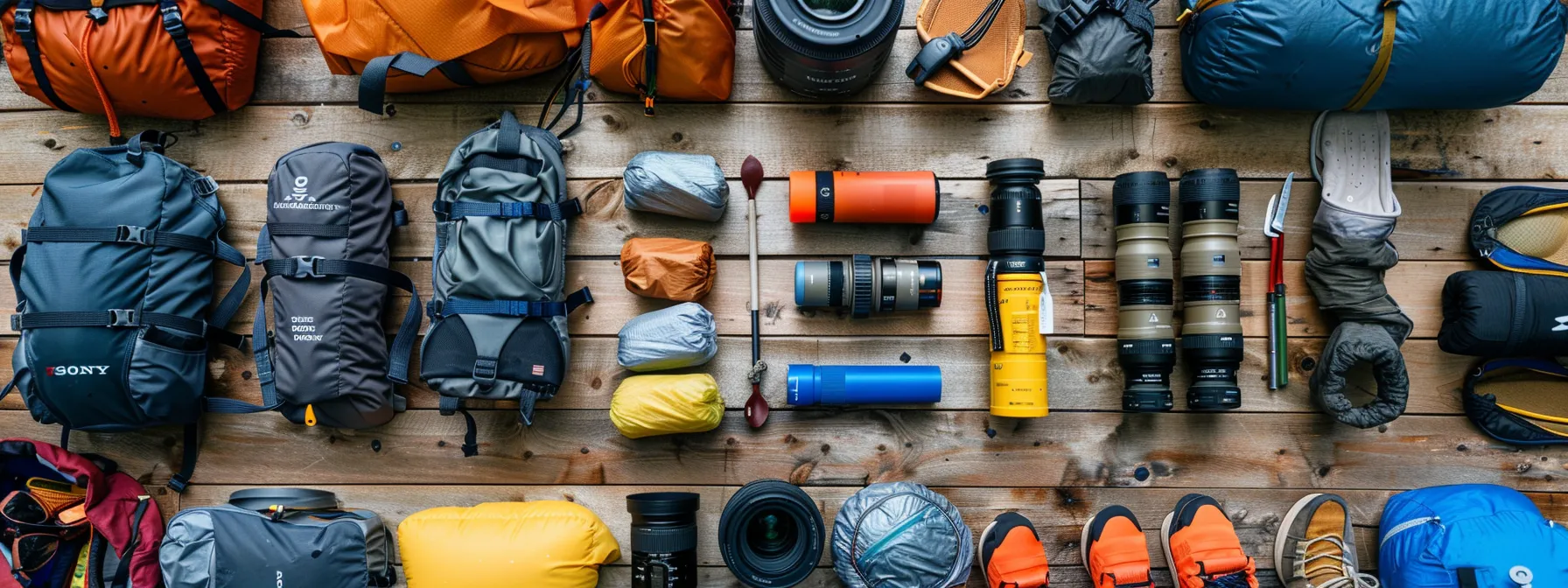 a neatly packed and organized array of outdoor gear laid out next to a checklist on a wooden table, ready for an exciting ocoee river rafting trip.