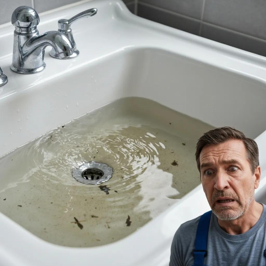 Close-up of a bathroom sink with water backing up, illustrating signs of sewer line backups and drain odors Close-up of a bathroom sink with water backing up, illustrating signs of sewer line backups and drain odors