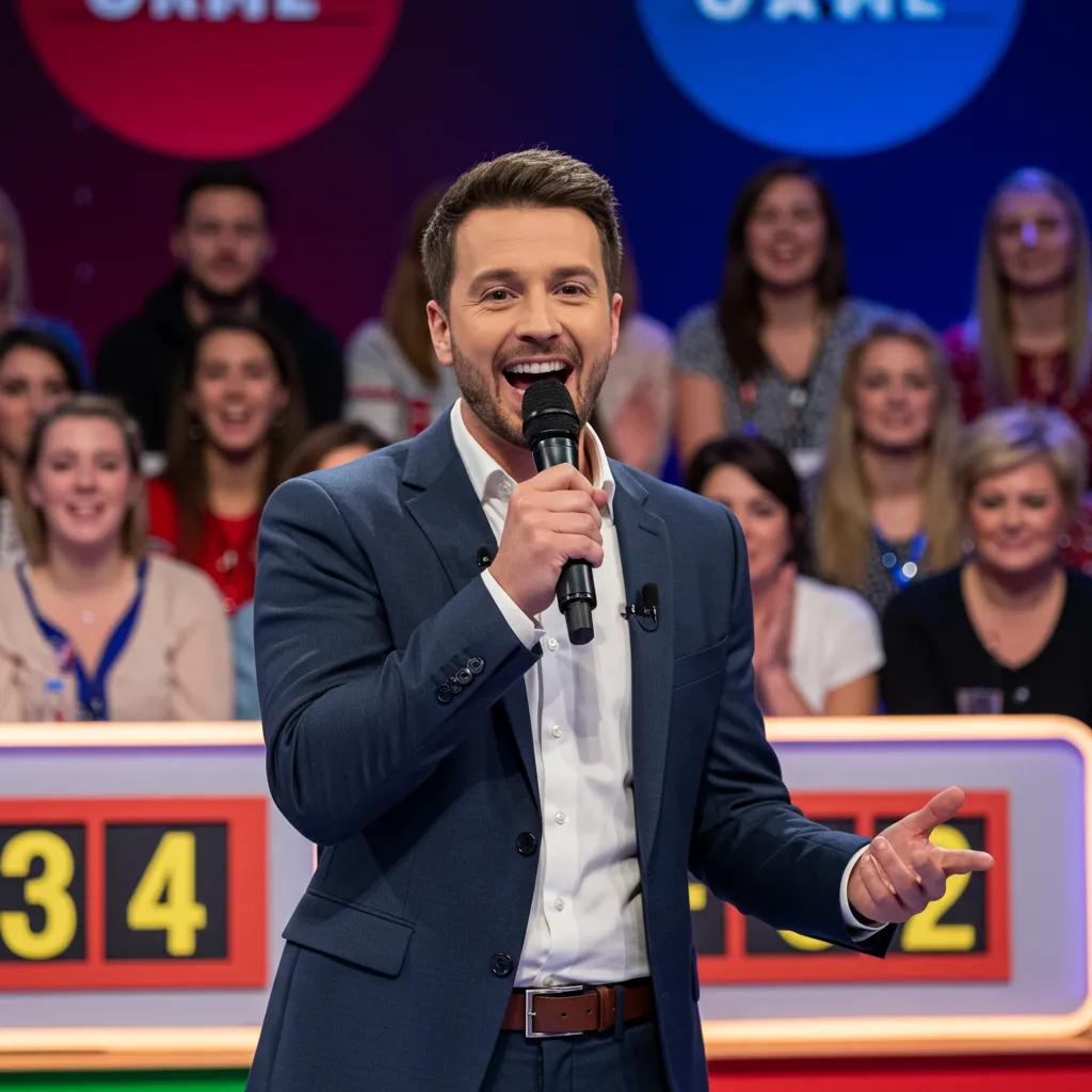 A magnetic game show host connecting with an electric audience, demonstrating the power of professional hosting on participation